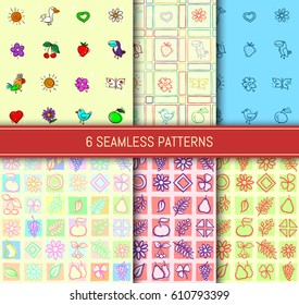 Seamless patterns set. Birds, flowers, leaves, berries and fruits. Abstract backgrounds. Template for your design works. Vector illustration.
