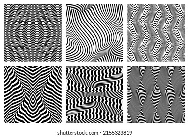 Seamless Patterns Set Of Black Trippy Stripes. Optical Psychedelic Fabric Swatches Design.