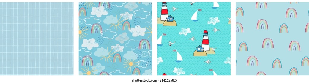 Seamless patterns set with blue sky, white clouds, rainy clouds, rainbow, sun. Childs drawing style. Wallpaper, backgound for kids. Perfect for baby, toddler clothing, bed linen