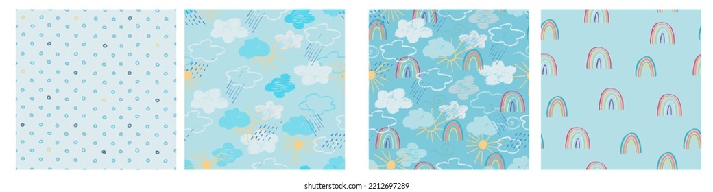 Seamless patterns set with with blue sky, clouds, rain showers and sun. Childs drawing style. Wallpaper, backgound for kids. Perfect for baby, toddler clothing, bed linen