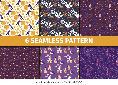 Seamless Patterns Set. Business, Social Media, Goal Achievement, Start Up, Floral Creative Ornament for Wallpaper, Fabric Print, Wrapping Paper with Colorful Palette Cartoon Flat Vector Illustration