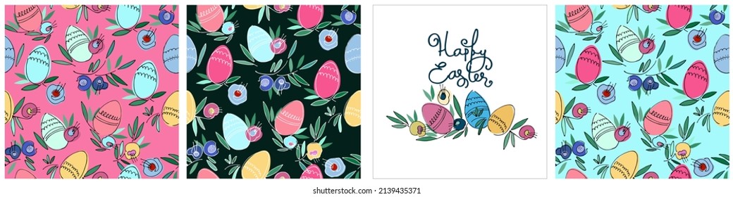Seamless patterns set and card on Easter theme with colored eggs, flowers, leaves on heaven turquoise background
