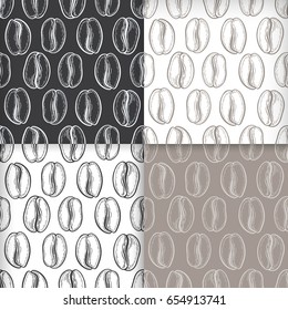 Seamless patterns set  with coffee beans. Neutral background. Decorative doodle vector illustration