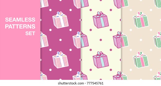 Seamless patterns. Set of colored seamless backgrounds with boxes for wallpapers and textile. Vector illustration.