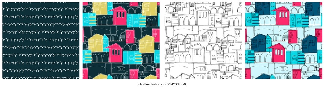 Seamless patterns set, colorful cityscape with historical buildings and archways for surface design and other design projects