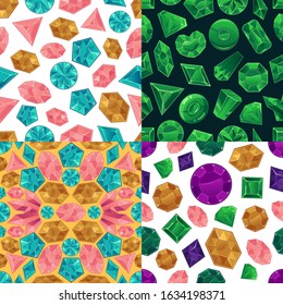 Seamless patterns set with colorful gemstones or crystals, cartoon vector illustration. Endless background with glossy glass rhinestones, diamonds or jewelry gems.