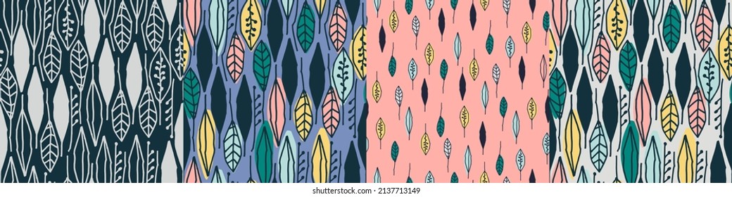 Seamless patterns set with colorful tropical leaves on white background for surface design and other design projects