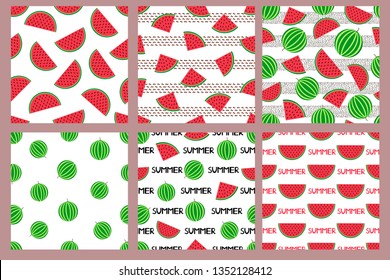 Seamless patterns set with colorful watermelons. Vector illustration