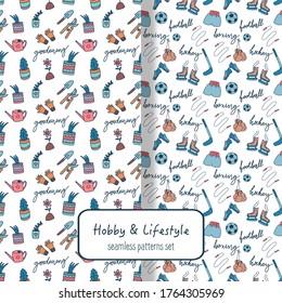 Seamless patterns set with cute coloured doodle. Gardening and sports hobby for children. Vector illustration.