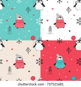 Seamless patterns set with cute hand drawn penguins 