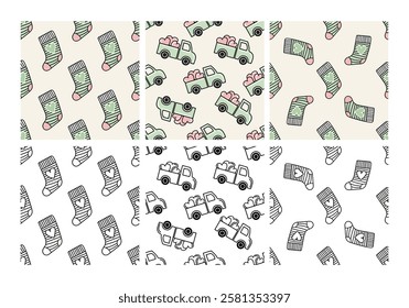 Seamless patterns set with cute socks and delivery trucks in color and monochrome

