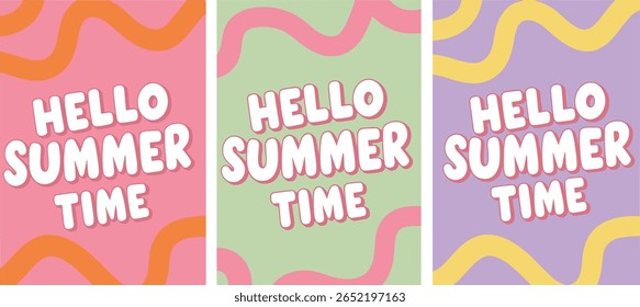 Seamless patterns set. Deformed fluid uneven organic continuous bold lines. Hello summer hand lettering. Hippie doodle funky groovy backgrounds collection. Uneven hand drawn wavy twisted lines