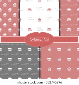 Seamless patterns set with desserts. Vector cupcakes and macaroons