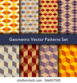 Seamless patterns set of diamonds, squares, triangles and cubes. Geometric colorful pattern with cold, pastel and warm colors.
