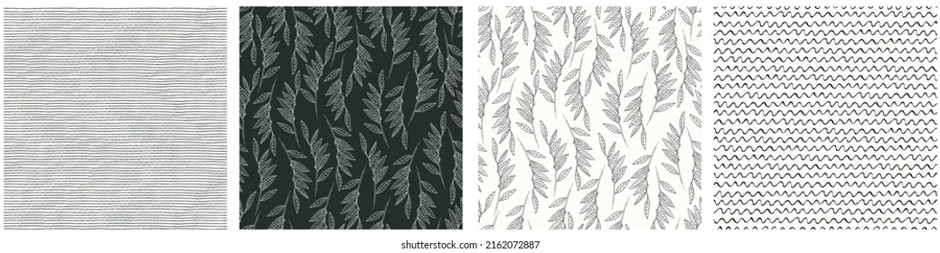 Seamless patterns set with elm tree branches and leaves on light background for surface design, wallpaper, fabrics, home decor. Monochrome pastel realistic line art