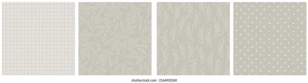 Seamless patterns set with elm tree branches and leaves on light background for surface design, wallpaper, fabrics, home decor. Monochrome pastel realistic line art