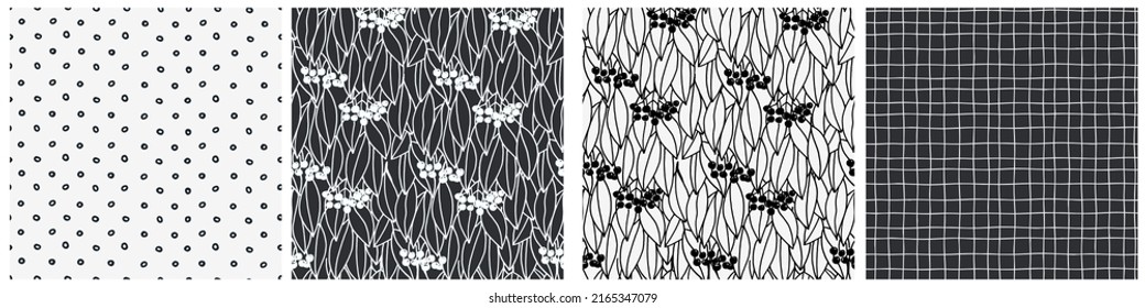 Seamless patterns set with elm tree branches and leaves on light background for surface design, wallpaper, fabrics, home decor. Monochrome pastel realistic line art