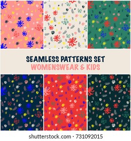 Seamless patterns set. Endless vector bright designs for fabric and wallpaper