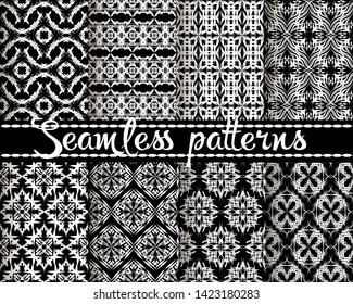 Seamless patterns set. Ethnic style ornamental geometric backgrounds. Tribal repeat black and white backdrops. Decorative abstract ornaments. Collection. Template for design, fabric, prints, wallpaper