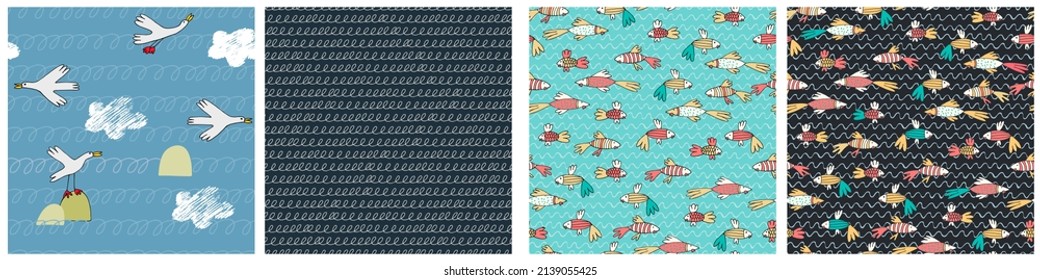 Seamless patterns set with fantasy tropical fish in blue water in cartoon style. Wallpaper, backgound for kids