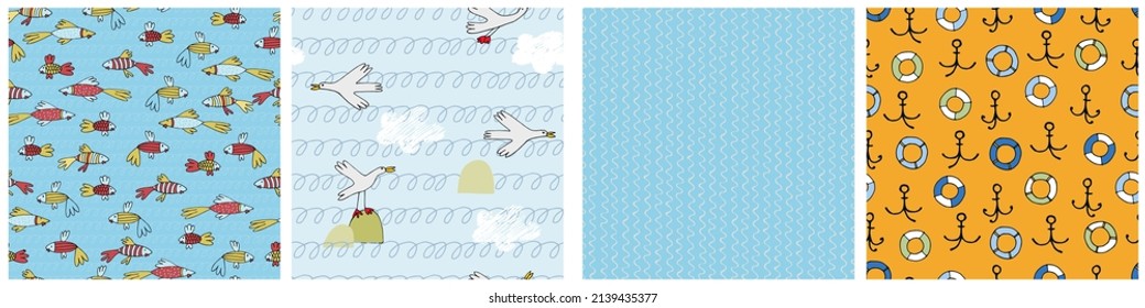 Seamless patterns set with fantasy tropical fish in blue water in cartoon style. Wallpaper, backgound for kids