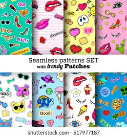Seamless patterns set with fashion patch badges. Pop art. Stickers, pins, patches in cartoon 80s-90s comic style. Trendy. Vector clip-art.