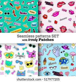 Seamless patterns set with fashion patch badges. Pop art. Stickers, pins, patches in cartoon 80s-90s comic style. Trendy. Vector clip-art.