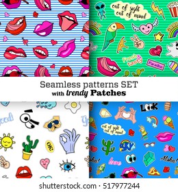 Seamless patterns set with fashion patch badges. Pop art. Stickers, pins, patches in cartoon 80s-90s comic style. Trendy. Vector clip-art.