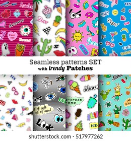 Seamless patterns set with fashion patch badges. Pop art. Stickers, pins, patches in cartoon 80s-90s comic style. Trendy. Vector clip-art.