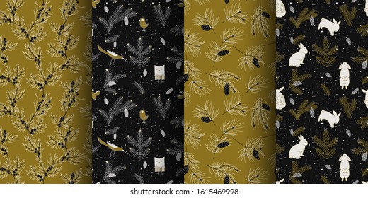 Seamless patterns' set with fir and juniper branches, cones, birds and owls, cute white rabbits. Black, white and ocher colors.