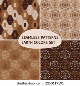 Seamless patterns set with floral and abstract ornaments. Trendy color palette of earth tones. Symmetric endless prints brown and cappuccino colors. Repeated design ornamental elements. Surface design