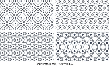 Seamless Patterns. Set Of Four Rounded Geometric Ornaments, Black Shapes on White Background. Vector illustration