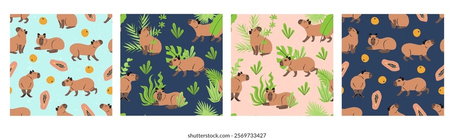 Seamless patterns set with funny cartoon capybaras and jungle plants. Cute South American animal repeat backgrounds bundle. Adorable rodents wallpapers collection