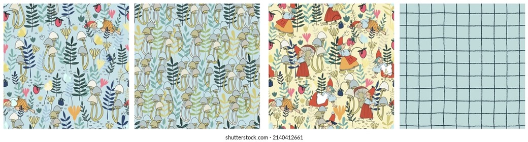 Seamless patterns set with funny female gnome gathering berries, mushrooms, flowers. Fairy tale elf girls in red hats and wooden shoes in the forest. Vector illustration for children