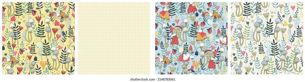 Seamless patterns set with funny female gnome gathering berries, mushrooms, flowers. Fairy tale elf girls in red hats and wooden shoes in the forest. Vector illustration for children