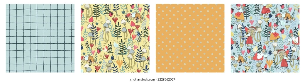 Seamless patterns set with funny female gnome gathering berries, mushrooms, flowers. Fairy tale elf girls in red hats and wooden shoes in the forest. Vector illustration for children