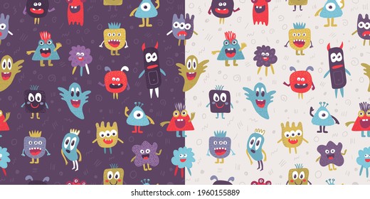 Seamless patterns set with funny kids style creepy characters different forms. Colorful childish prints collection on dark and white. Funny monsters hand drawn designs.