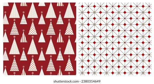 Seamless patterns set of geometric Christmas trees and diamonds on isolated background. Design for Christmas home decor, holiday greetings, Christmas and New Year celebration. 