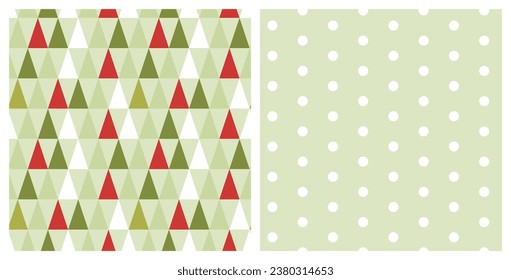 Seamless patterns set of geometric style Christmas pine and polka dots on isolated background. Hand drawn design for Winter, Christmas and New Year celebration, for paper crafts or home decor. 