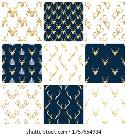 Seamless patterns set with golden deer heads and antlers. Vector nature wildlife animal backgrounds in black and white. Stags backdrops collection.