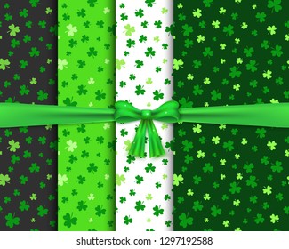 Seamless patterns set with green shamrocks. Saint Patrick's Day background collection with 3d realistic bow. Vector.