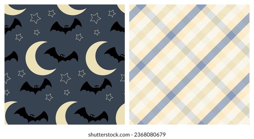 Seamless patterns set of Halloween bats flying around the moon and stars, and tartan background. Hand drawn background for Halloween party decoration, scrapbooking, greeting cards design, wall paper.