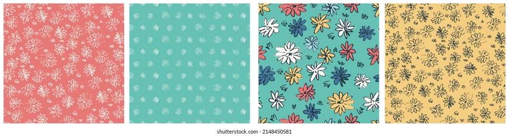 Seamless patterns set with hand drawn meadow flowers in Ditzy style. Stylish dark illustrations on beige background for surface design and other design projects