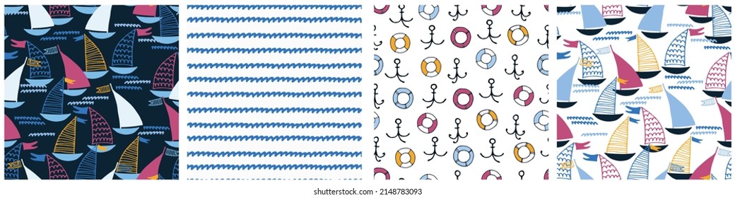 Seamless patterns set with hand drawn sailing boats and waves on dark background for surface design and other design projects. Sailing and fishing concept