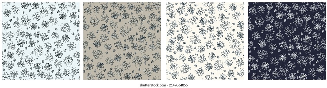 Seamless patterns set with hand drawn meadow flowers in Ditzy style. Stylish dark illustrations on beige background for surface design and other design projects