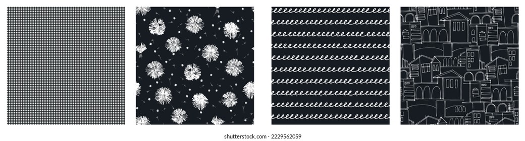 Seamless patterns set with hand drawn meadow flowers in Ditzy style. Stylish dark illustrations on beige background for surface design and other design projects