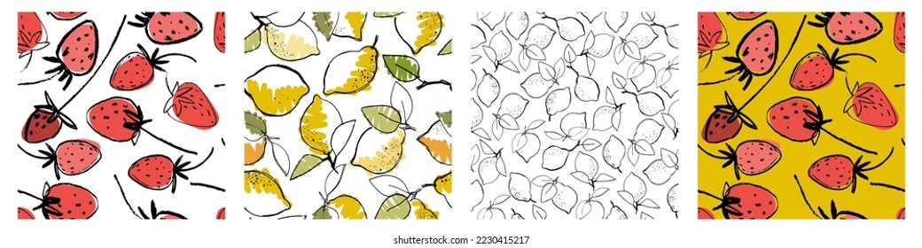 Seamless patterns set with hand drawn berries and lemons for surface design and other design projects. Gardening, summer, healthy food themes