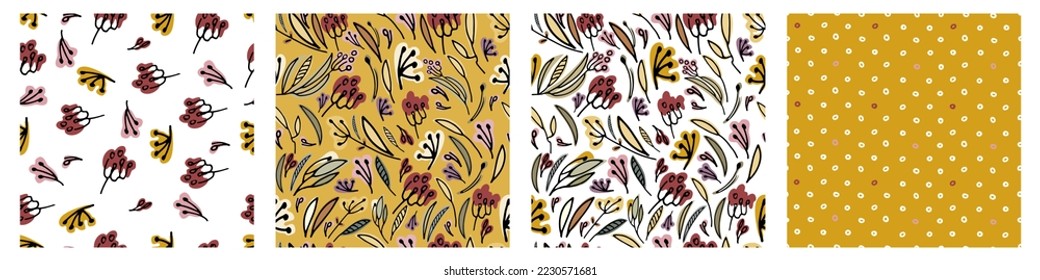 Seamless patterns set with hand drawn inflorescences on white background for surface design and other design projects