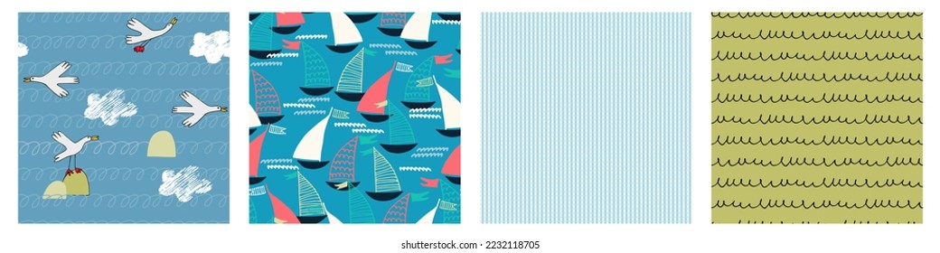 Seamless patterns set with hand drawn sailing boats, anchors, fishhooks, safety rings for surface design and other design projects. Sailing and fishing concept