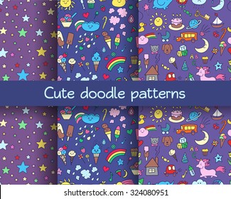 Seamless patterns set with hand-drawn doodle elements in children style: animals, nature, objects, sweets. Cute kids backgrounds.